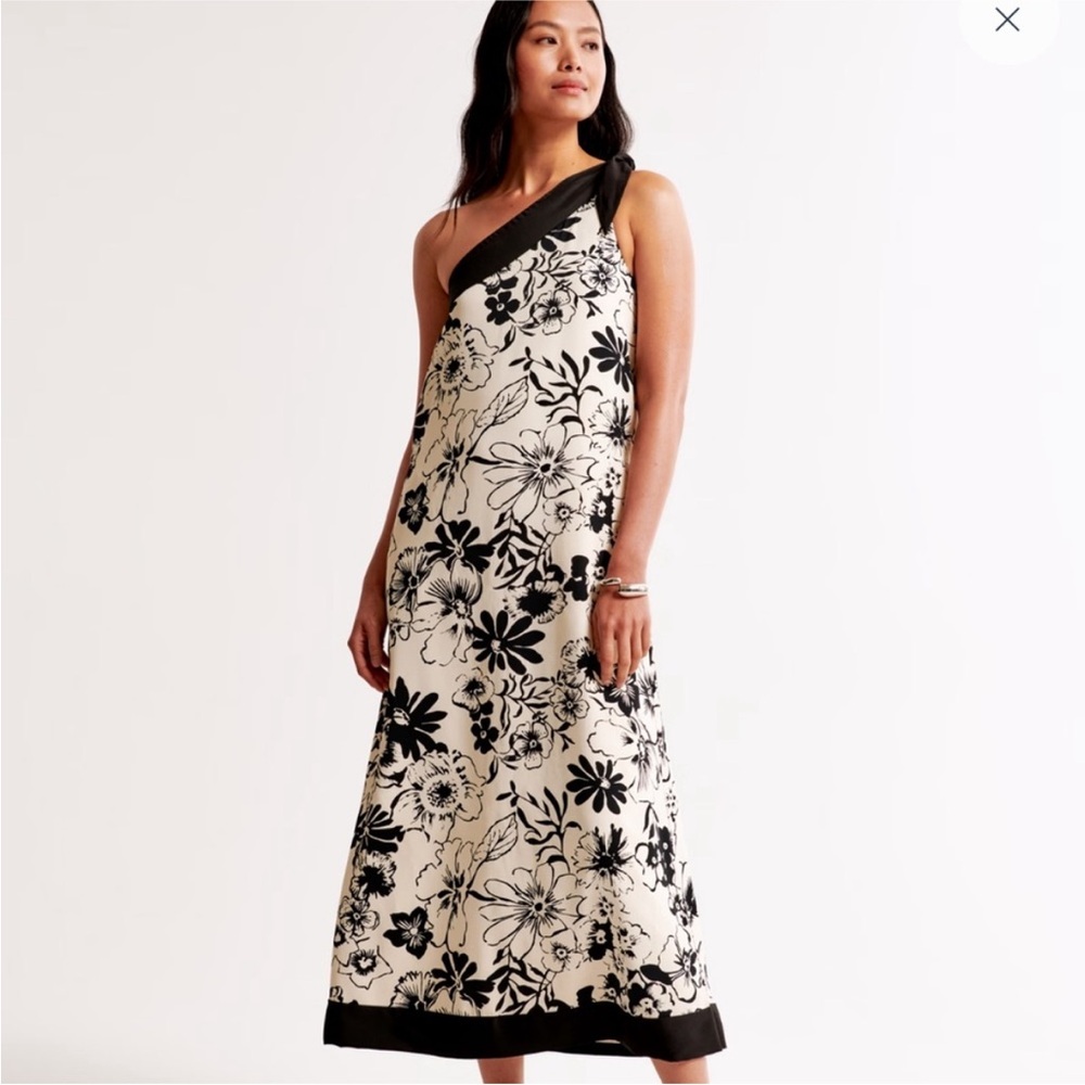 NWT Abercrombie & Fitch One-Shoulder Scarf MIDI Dress Black Cream Floral Tie XSP